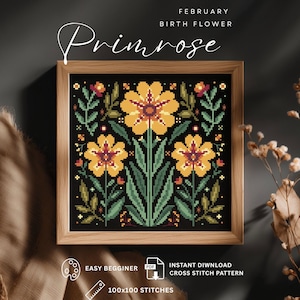 Op de afbeelding: Een ingelijst kruissteekpatroon met een bloemmotief. Het heeft gele en rode bloemen, groene bladeren en het woord "Primrose". De tekst "Februari Geboortebloem" staat boven het ontwerp. Het patroon is 100x100 steken.