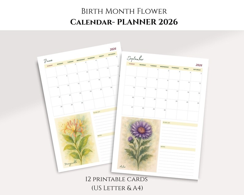 2026 Birth Month Flower Printable Calendar Planner | U.S. Letter - A4 ...
