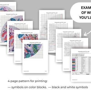 May include: A collection of printed cross-stitch patterns featuring a floral design in various colors. The patterns are displayed on white paper, with a color chart and instructions. The text reads "Honeysuckle round FULL color". The image also includes the text "4 page pattern for printing: - symbols on color blocks. - black and white symbols."
