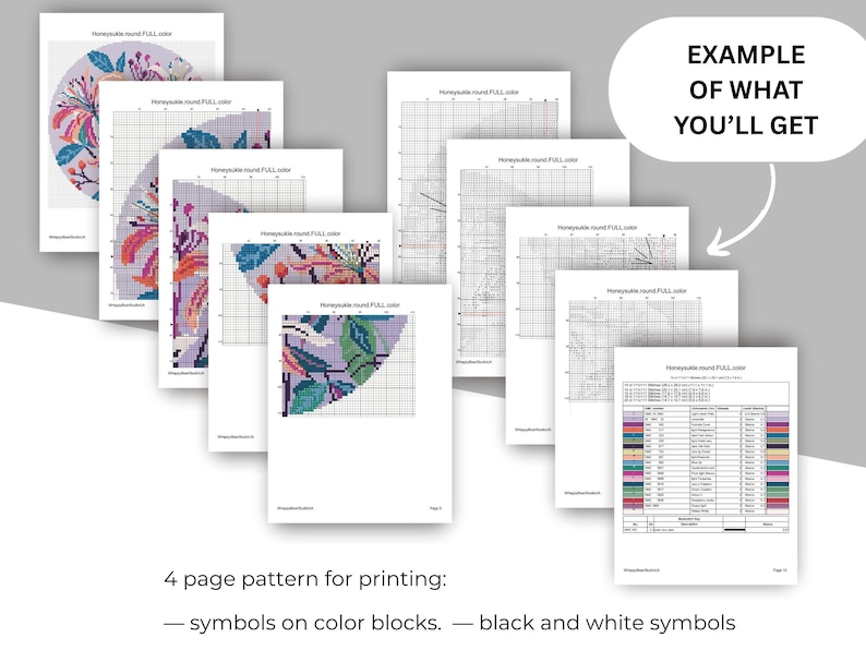 May include: A collection of printed cross-stitch patterns featuring a floral design in various colors. The patterns are displayed on white paper, with a color chart and instructions. The text reads "Honeysuckle round FULL color". The image also includes the text "4 page pattern for printing: - symbols on color blocks. - black and white symbols."