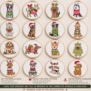 May include: Sixteen circular wooden embroidery hoops featuring cross-stitch designs of various dog breeds dressed in Christmas attire, including sweaters, Santa hats, and festive accessories. Text at the bottom reads: BUY THE BUNDLE & SAVE!