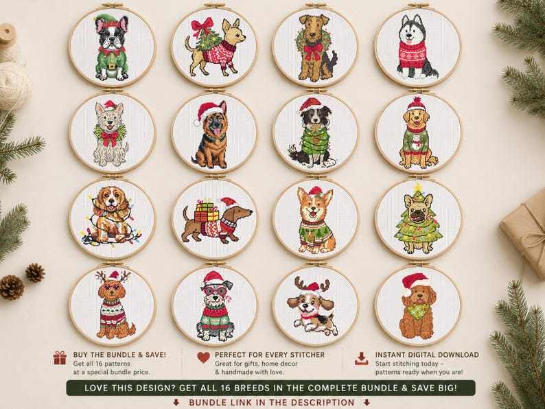 May include: Sixteen circular wooden embroidery hoops featuring cross-stitch designs of various dog breeds dressed in Christmas attire, including sweaters, Santa hats, and festive accessories. Text at the bottom reads: BUY THE BUNDLE & SAVE!