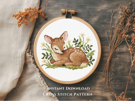 Baby Deer Nursery Cross Stitch Pattern PDF | Cute Sleeping Forest Animal (Instant Download)