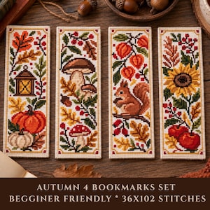 Peut inclure: Un ensemble de quatre marque-pages rectangulaires au point de croix sur le thème de l'automne. Les motifs incluent une lanterne avec une citrouille, des champignons avec du feuillage, un écureuil avec des baies et un tournesol avec des pommes.
