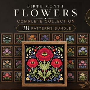 Puede incluir: Una colección digital de 28 patrones de punto de cruz titulada Birth Month Flowers. La imagen muestra un diseño central enmarcado de amapolas con flores rojas y follaje verde, rodeado por una cuadrícula de 27 patrones florales sobre fondo oscuro.