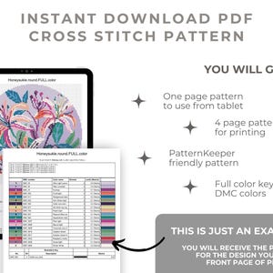 May include: Digital cross stitch pattern download. The image shows a tablet displaying a floral design, a printed color key, and text that reads "INSTANT DOWNLOAD PDF CROSS STITCH PATTERN". The pattern includes a full color key for DMC colors.