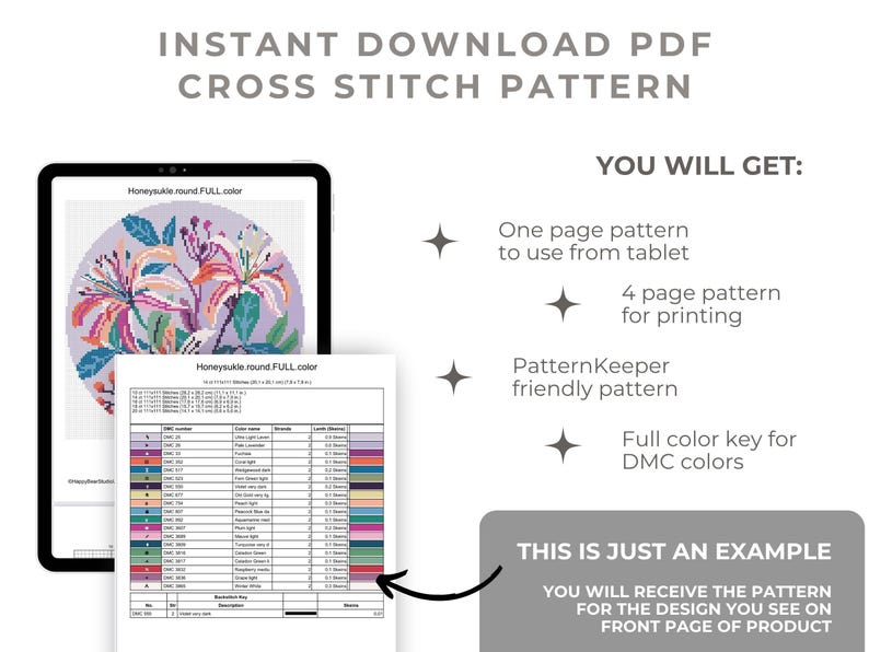 May include: Digital cross stitch pattern download. The image shows a tablet displaying a floral design, a printed color key, and text that reads "INSTANT DOWNLOAD PDF CROSS STITCH PATTERN". The pattern includes a full color key for DMC colors.
