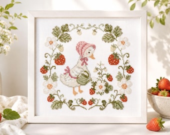 Funny Goose with Strawberry Cross Stitch Pattern | Digital Download PDF | Cottagecore Farmhouse Floral Easy Begginer Embroidery