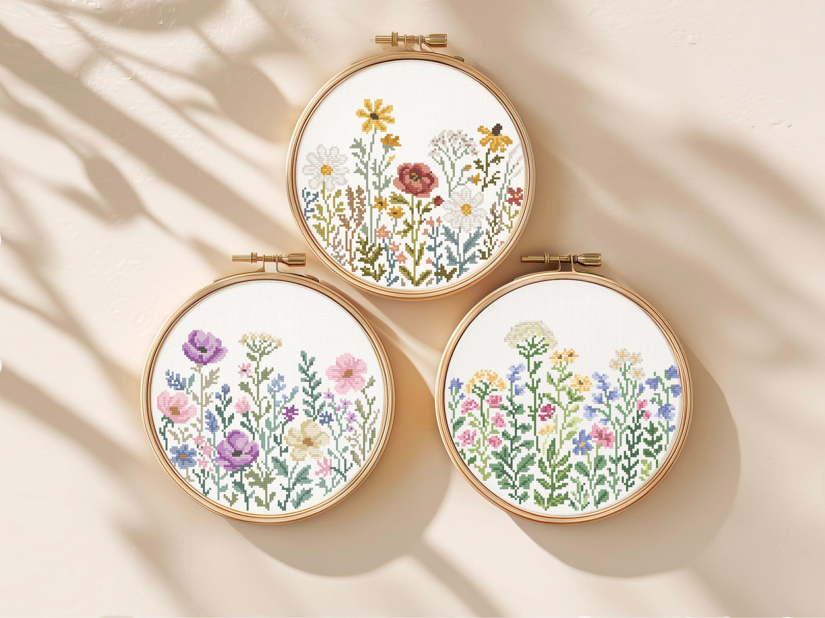 Wildflower Cross Stitch Pattern Digital Download PDF Botanical Meadow Floral Hoop Art Easy Begginer