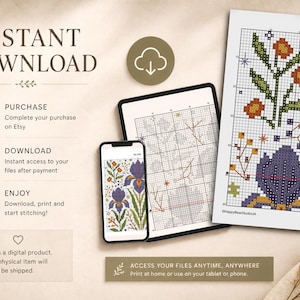 May include: A digital cross-stitch pattern featuring a floral design with purple irises and orange flowers on a grid. The image displays the pattern on a smartphone, a tablet, and a printed sheet, with text indicating instant download instructions.