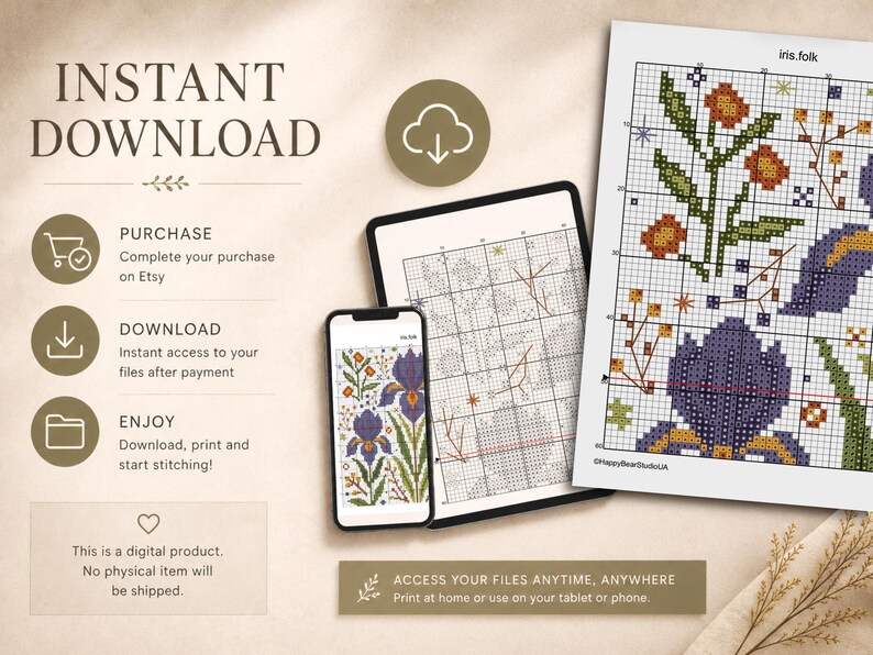 May include: A digital cross-stitch pattern featuring a floral design with purple irises and orange flowers on a grid. The image displays the pattern on a smartphone, a tablet, and a printed sheet, with text indicating instant download instructions.