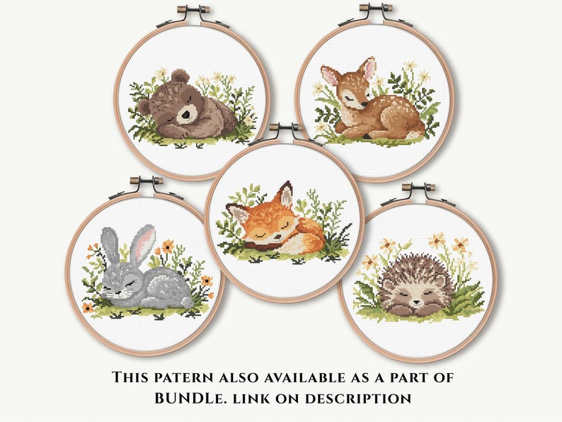May include: Five cross-stitch embroidery hoops featuring woodland animals: a bear, deer, fox, rabbit, and hedgehog. Each animal is depicted sleeping amidst greenery and flowers. The text at the bottom reads, "THIS PATTERN ALSO AVAILABLE AS A PART OF BUNDLE. LINK ON DESCRIPTION."