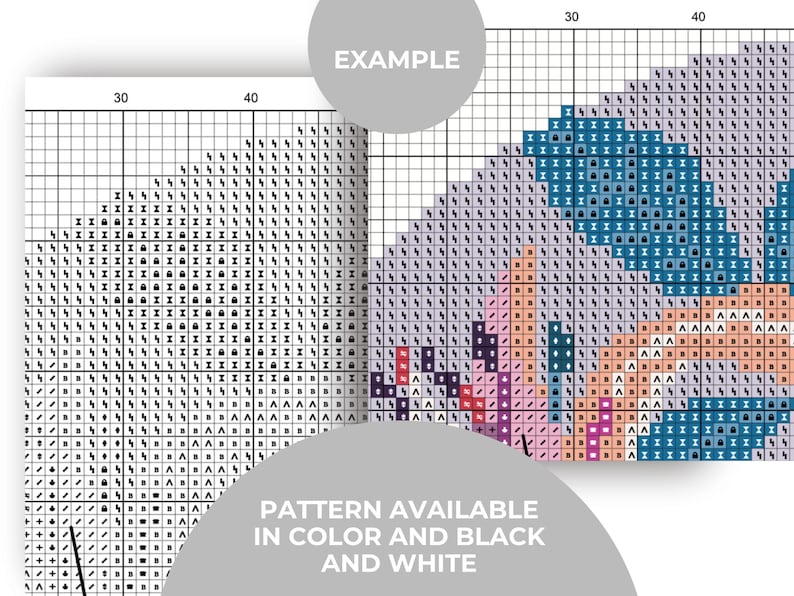 May include: A cross-stitch pattern chart with a colorful floral design. The chart is divided into squares, with each square representing a stitch. The text "PATTERN AVAILABLE IN COLOR AND BLACK AND WHITE" is visible.