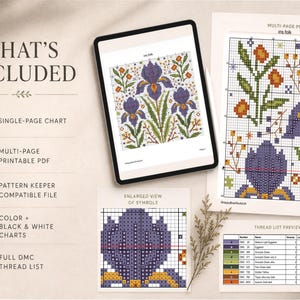 May include: A digital cross-stitch pattern titled iris.folk displayed on a tablet and printed paper. The design features purple irises with green stems and orange accents. Includes a multi-page PDF, a single-page chart, a thread list, and symbols.