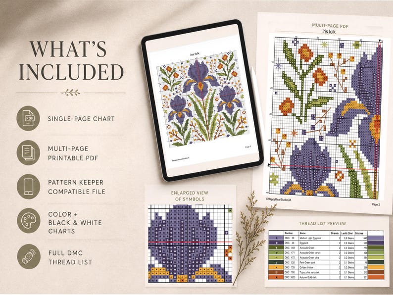 May include: A digital cross-stitch pattern titled iris.folk displayed on a tablet and printed paper. The design features purple irises with green stems and orange accents. Includes a multi-page PDF, a single-page chart, a thread list, and symbols.