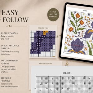 May include: A digital cross-stitch pattern titled iris.folk displayed on a tablet screen, featuring a grid with purple iris flowers and orange blossoms. The image includes a zoomed-in view of the grid, a printable chart section, and text labels.