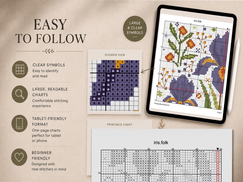 May include: A digital cross-stitch pattern titled iris.folk displayed on a tablet screen, featuring a grid with purple iris flowers and orange blossoms. The image includes a zoomed-in view of the grid, a printable chart section, and text labels.