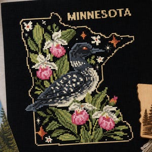 Minnesota Cross Stitch Pattern PDF | Lady’s Slipper & Common Loon | USA State Easy Begginer Chart | Instant Download