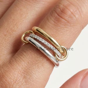 Anillo de 3 piezas con diamantes de circonita cúbica blanca, anillo conector para mujer, anillo multiconector chapado en oro, joyería