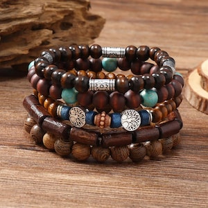 Ensemble de bracelets bohèmes empilables à perles ethniques, bracelet à breloques en perles de bois, bracelet à breloques main de Hamsa, arbre et cactus, cadeau pour femme