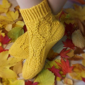 Könnte beinhalten: Senfgelbe Stricksocken mit strukturiertem Muster, umgeben von Herbstblättern. Die Socken haben einen gerippten Bund und ein detailliertes Zopfmuster. Die Blätter sind in Rot-, Gelb- und Grüntönen gehalten und erzeugen eine warme, saisonale Szene.