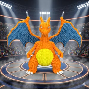 Könnte beinhalten: Eine gestrickte Charizard-Figur in Orange und Blau, mit großen blauen Flügeln, einem gelben Bauch und weißen Krallen, steht auf einer kreisförmigen Bühne. Der Hintergrund zeigt ein Stadion voller Zuschauer und heller Scheinwerfer.