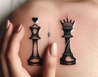 Diseño de tatuaje de rey y reina de ajedrez a juego / Arte minimalista para parejas (descarga digital)