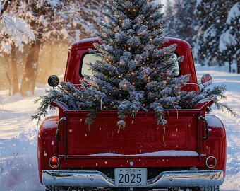 Red Truck Christmas Tree Art, Farmhouse Holiday Print (Digital Download)