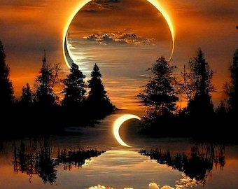 Solar Eclipse Sunset Art Print | Surreal Lake Reflection (Digital Download)