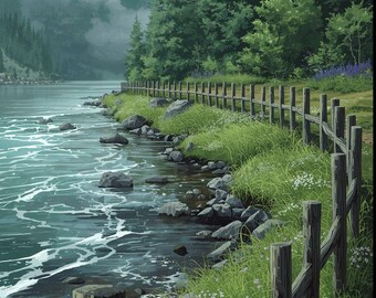 Scenic Lakeside Path Wall Art – Serene Mountain & Forest Landscape Digital Illustration