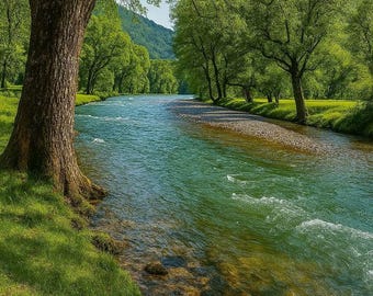 Serene Riverside Landscape Wall Art – Peaceful Nature Photography Print, Green Forest River Decor