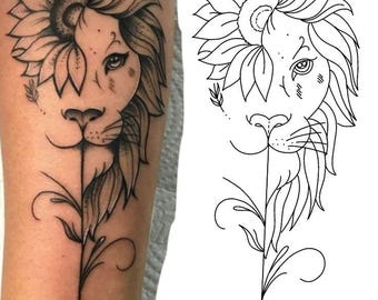 Diseño de tatuaje de león con girasoles, arte lineal floral, ilustración de animales femeninos (descarga digital)