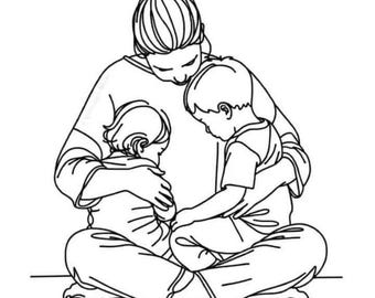 Mother and Children Line Art, Minimalist Family Illustration, Mom Hugging Kids Drawing (Digital Download)