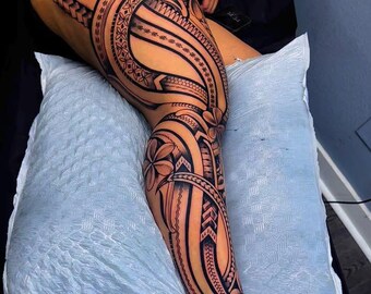 Diseño de tatuaje polinesio para pierna completa, estilo tribal samoano (descarga digital)
