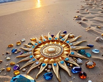 Golden Sun Mandala Beach Art, Coastal Sunset Boho Print (Digital Download)