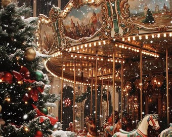 Vintage Christmas Carousel Photo | Snowy Holiday Scene | Digital Download Wall Art