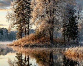 Frosty Lake Landscape – Winter Trees Reflection Digital Wall Art | Nature Printable Decor