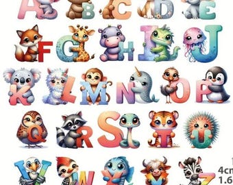Imágenes prediseñadas del alfabeto animal, conjunto ABC de la A a la Z, aprendizaje para niños (descarga digital)