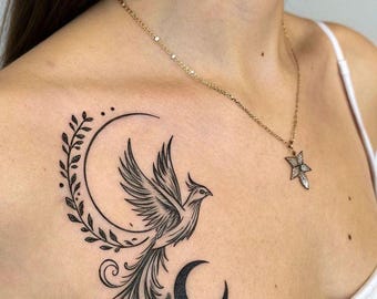 Diseño de tatuaje de ave fénix y luna / Arte lineal de media luna estilo boho (descarga digital)