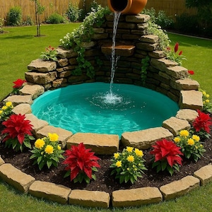 May include: A small, decorative garden pond with a turquoise-colored pool. A terracotta pot pours water into the pond, which is surrounded by stone edging and vibrant red and yellow flowers. The pond is set in a green lawn.