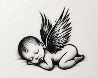 Sleeping Angel Baby Art, Black White Minimalist Nursery Decor (Digital Download)
