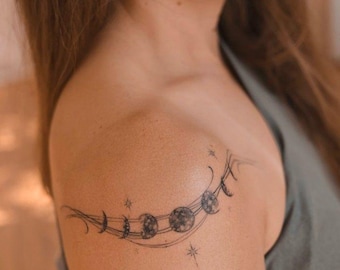 Moon Phase Tattoo Design, Celestial Tattoo, Minimalist Moon Tattoo, Feminine Shoulder Tattoo, Fine Line Tattoo, Lunar Tatto Digital Download