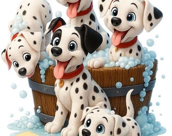 Imágenes prediseñadas de cachorros dálmatas en el baño, perro de dibujos animados PNG, ilustración kawaii (descarga digital)