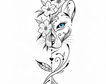 Floral Lion Crown SVG | Lion Face Line Art | Feminine Lion Tattoo Design | Boho Animal Illustration | Cricut Cut File | Digital Download