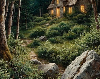Moonlit Forest Cabin Wall Art – Enchanted Woodland Path Painting, Cozy Cottage Night Landscape Print