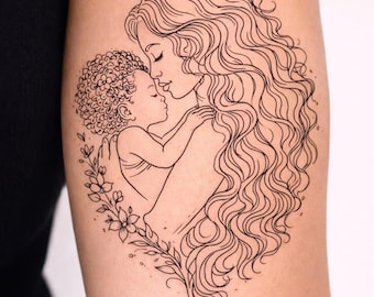 Mother and Baby Line Art, Minimalist Floral Tattoo Design, Love Family Illustration (Digital Download)