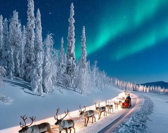 Santa Sleigh Northern Lights Print, Christmas Winter Art (Digital Download)