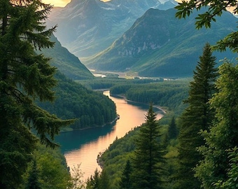 Sunset Mountain Valley River – Serene Nature Landscape Photography Print, Scenic Wilderness Wall Art