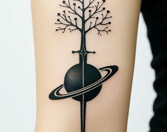 Diseño minimalista de tatuaje de Saturno con árbol, arte lineal en negro, crecimiento cósmico (descarga digital)