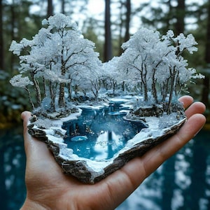 Puede incluir: Un paisaje invernal en miniatura con un río y árboles cubiertos de nieve. La escena se sostiene en una mano, mostrando los intrincados detalles del entorno helado. El agua es de un azul profundo, contrastando con la nieve y el hielo blancos.